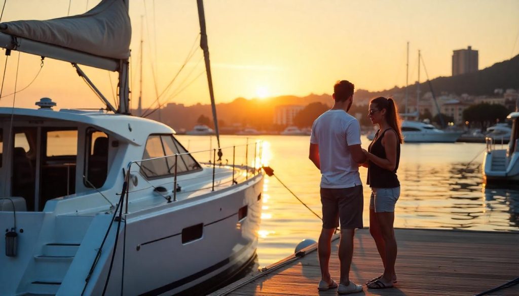 Couple at Marina Port Vell during yachting in Spain tips, checking a GPS chartplotter with the Sagrada Família in the background.